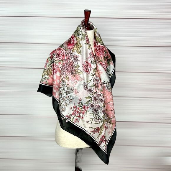 Floral Square Scarf Silky Chiffon Pink Ivory Black Trim Hand Rolled - Picture 4 of 13